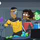 Star Trek Lower Deck's animated Rutherford, Mariner, and Tendi attempt to collect a purple crystal from a desk of assorted gems and skulls.